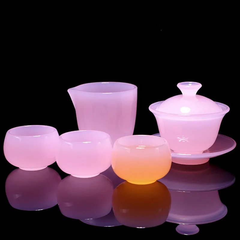 Jade Porcelain Gaiwan High Quality Tea Bowl Lady Pink Glazed Glass Jade Tea Fair Cup Tureen Bowls Set