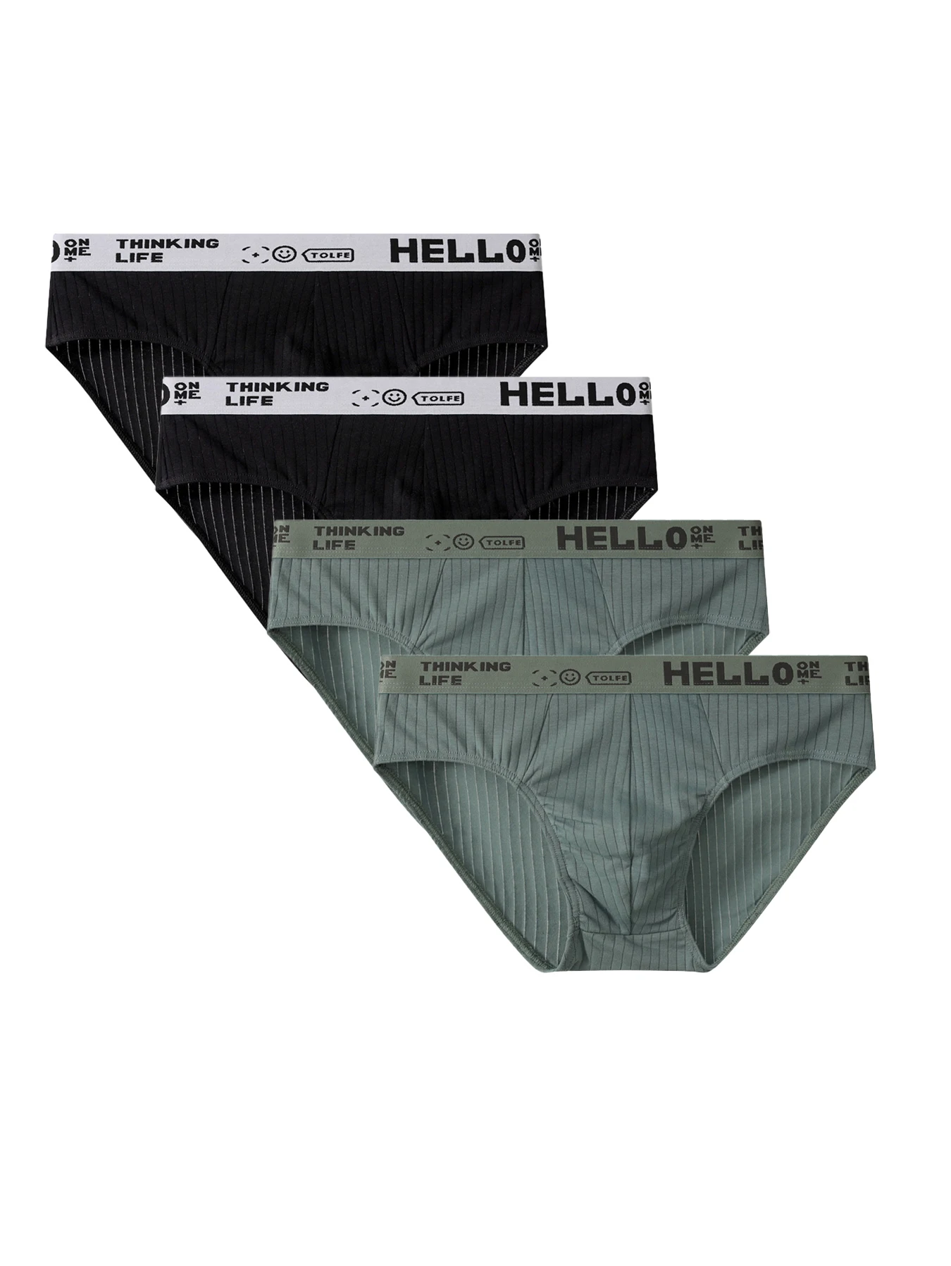 

Мужские трусы из 4 комплектов хлопка — пояс с логотипом "HELLO" и "THINKING LIFE", комплект нижнего белья в рубчик черного и шалфено-зеленого цвета