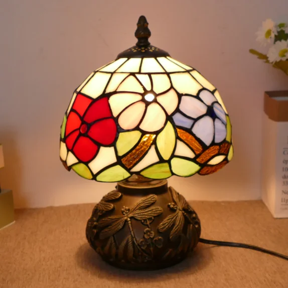 Style Stained Glass Flower Style Bedroom Bedside Lamp Living Room Study 8 Inches Delicate and Cute Mini Table Lamp