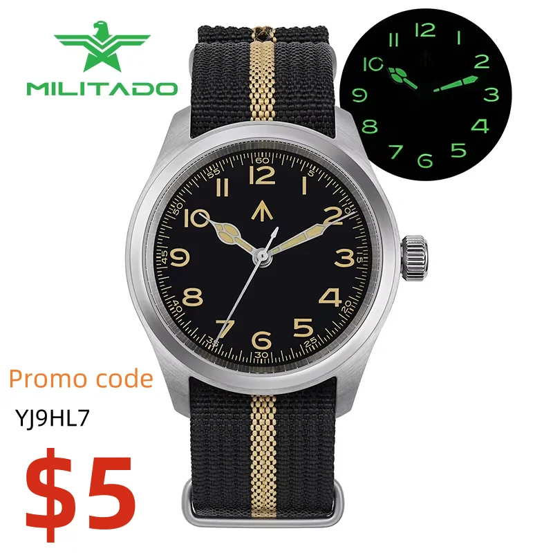 Militado 38mm Military Watch Japan VH31 Quartz Double Sapphire Crystal C3 Super Luminous 10Bar Waterproof Homage Watch ML08