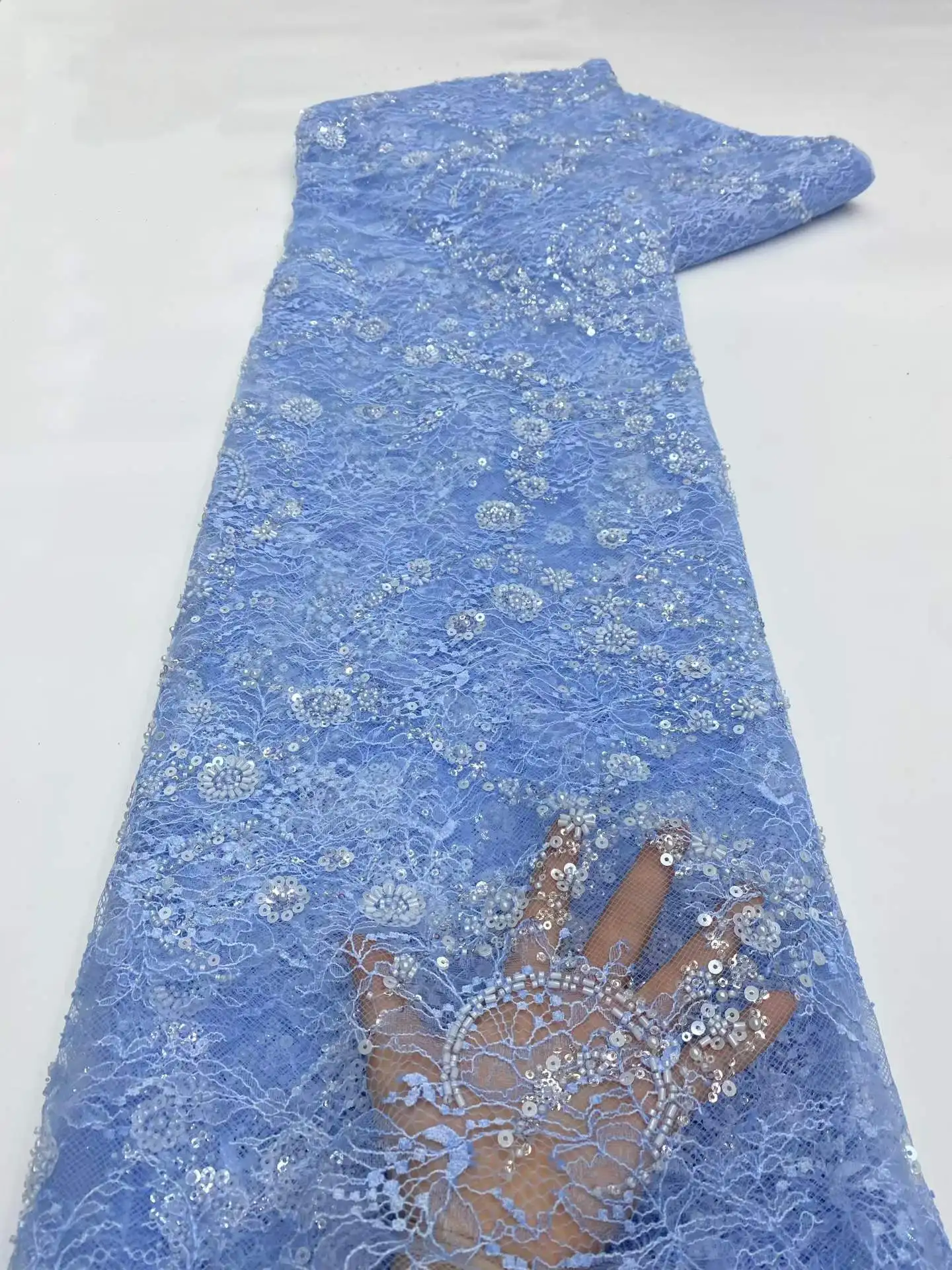 Soft African Beaded Groom Lace Fabric High Quality French Mesh Lace Fabric Sequins Nigerian Lace Fabrics For Wedding Dress 5 Y