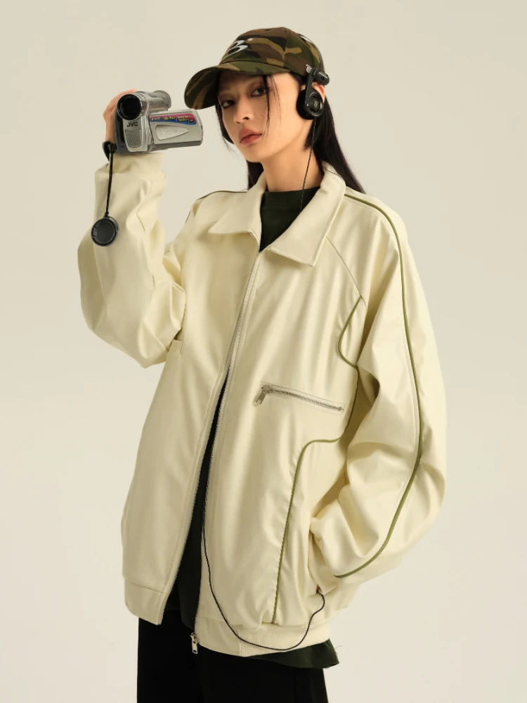 White Leather Coat Women's  Retro Motorcycle Style Pu Jacket Top Loose Spring and Autumn Long Sleeve Zipper Irregular Model