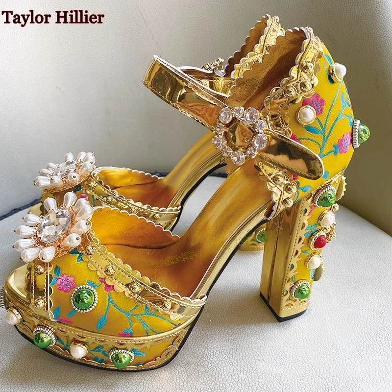 

14cm Ultra High Heel Waterproof Platform Open Toe High Heels Pearl Rhinestone Sandals Women'S Fashionable Thick Heel Sandals 43