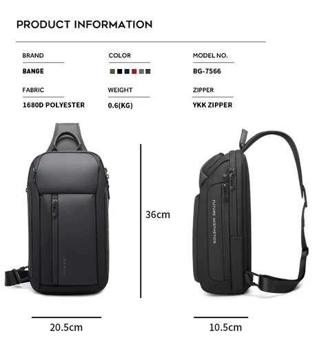 Imagen 2 del producto Bolso de pecho para hombre con materiales impermeables Oxford de diseño de marca BANGE con gran capacidad, bolso delgado con múltiples bolsillos a la moda para hombre