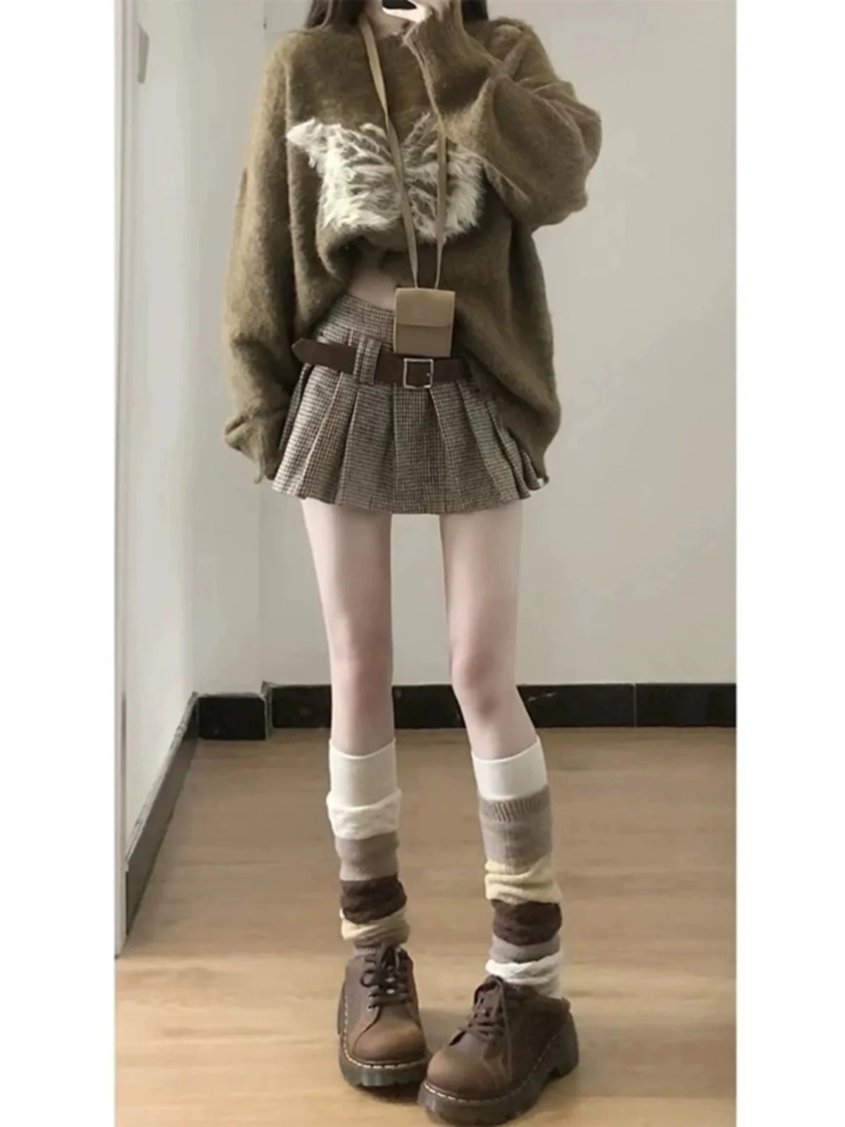 تنورة قصيرة مطوية بنمط مربعات عتيق للنساء، موضة خريف وشتاء، خصر منخفض، تنورة قصيرة من الصوف على شكل حرف A، تنورة متوسطة الطول...