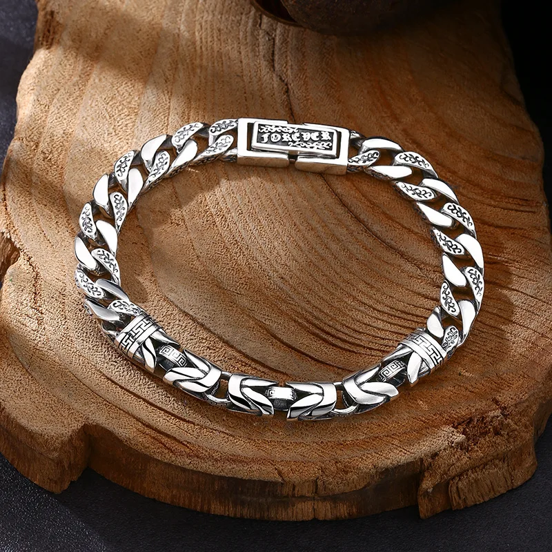 925 sterling silver bracelet personality all-match stitching tank bracelet trend Thai silver retro distressed ornament