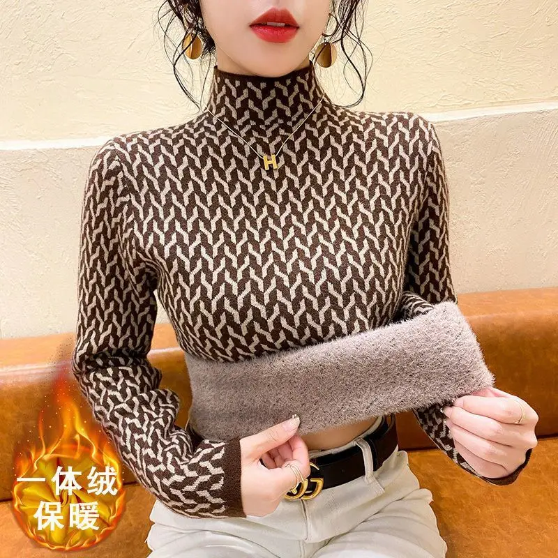 Fleece Sweater Bottoming Shirt Female Autumn Winter Thick Interior Lapping Half Height Collar Slim Pullovers Fashion Top Tee