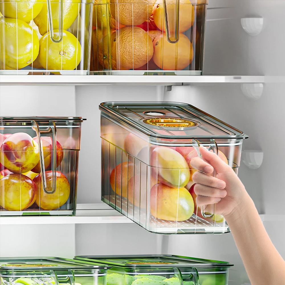 Fridge Storage Box Fruit Freshness Sealed Handheld Timing Organiser with Drainage Board for Kitchen Refrigerator Organizer Bins