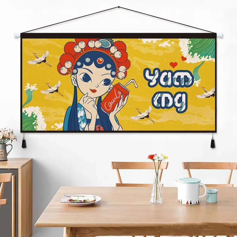 China-Chic Peking Opera Hua Mulan Fabric Tapestry Entrance Background Decorative Painting Wall Painting of Home stay Restaurant