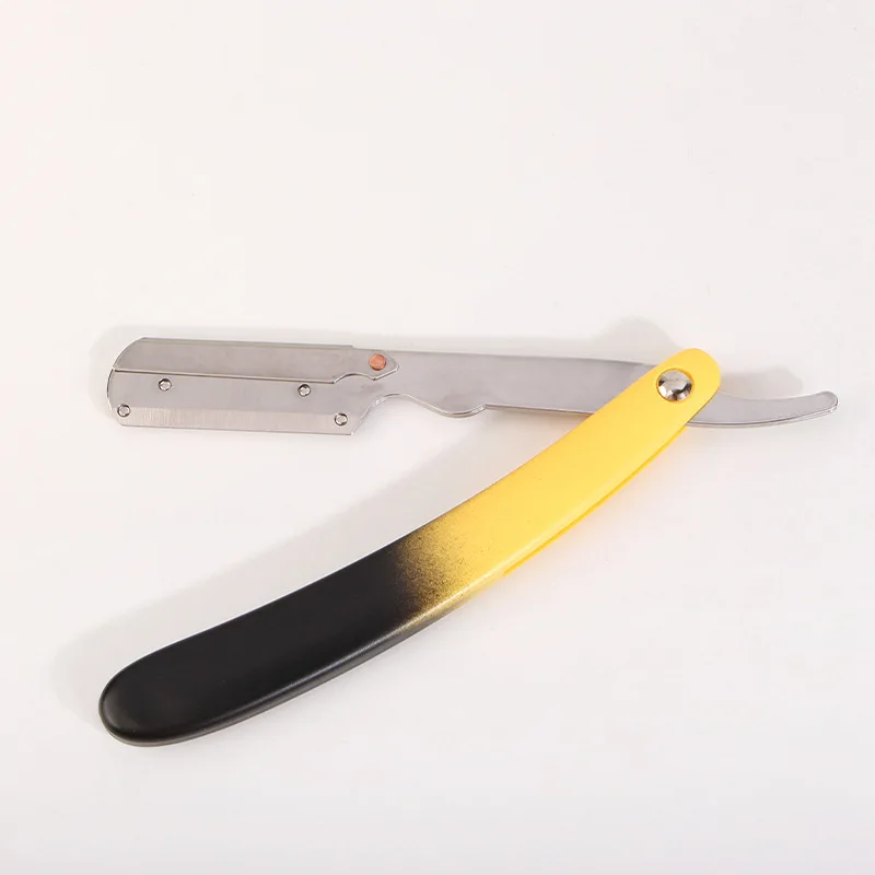 Stainless Steel Straight Edge Razor Yellow ABS Handle Barber Shop Beard And Hair Trimmer Portable Manual Folding Shaving Holder