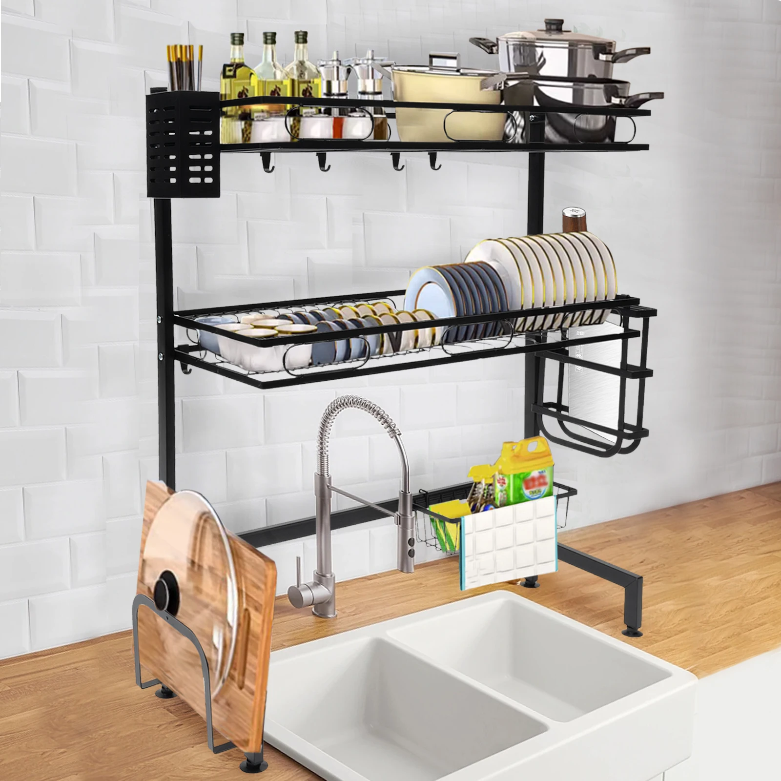 

24.4'' 2 Tiers Adjustable Dish Drying Rack Large Drainage Over Sink Carbon Steel Rectangular Black for Storing Seasonings, Dish