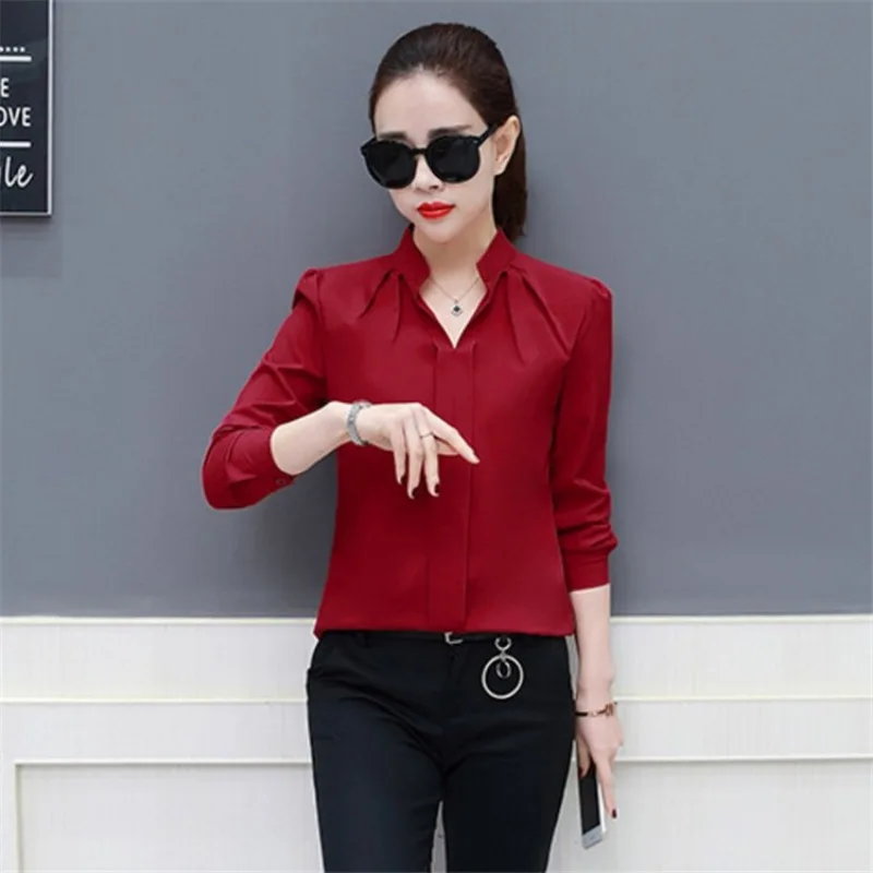 Spring Autumn Fashion Sexy V-Neck Shirt Women Formal Long Sleeve Chiffon Blouse Casual Slim Fit Base Shirt