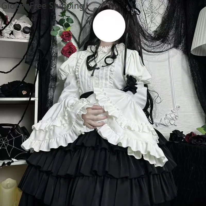 

Lolita White Shirt Gothic Cosplay Top Cute Girl Bell-sleeved Wide-sleeved Blouse Medieval Vintage Princess Dress Lining Costume