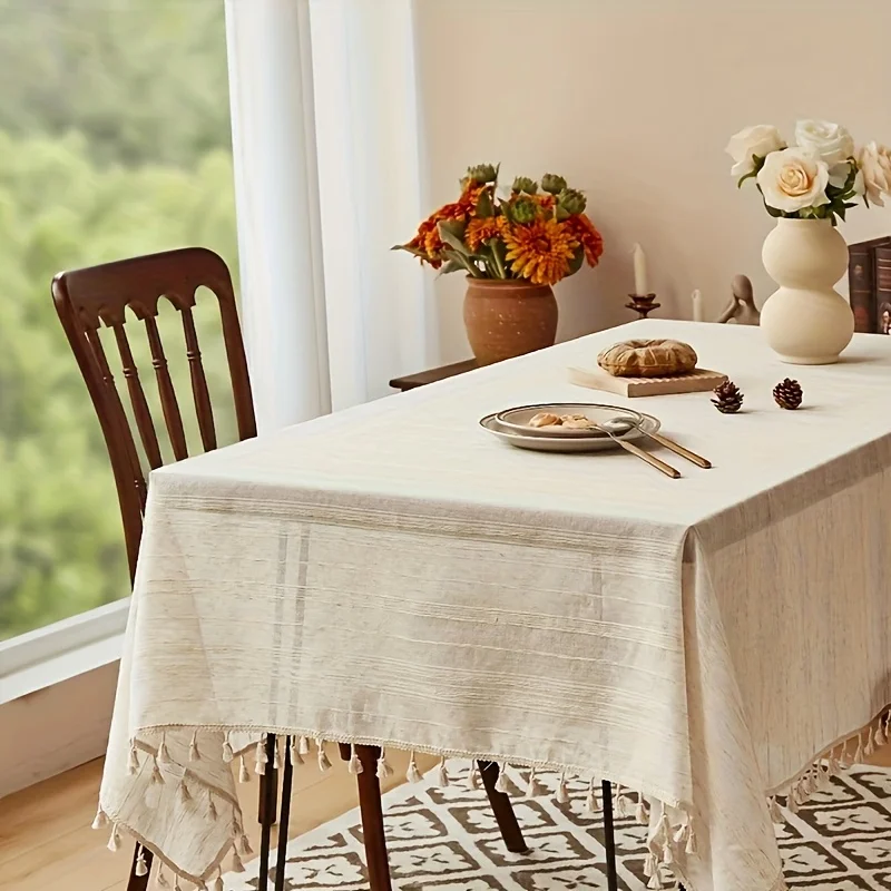 قطعة واحدة من مفرش المائدة المصنوع من الكتان المخطط باللون البيج البوهيمي مناسب لحفلات الزفاف والحفلات والمهرجانات والمنزل وغرفة الطعام اليومية والمطبخ