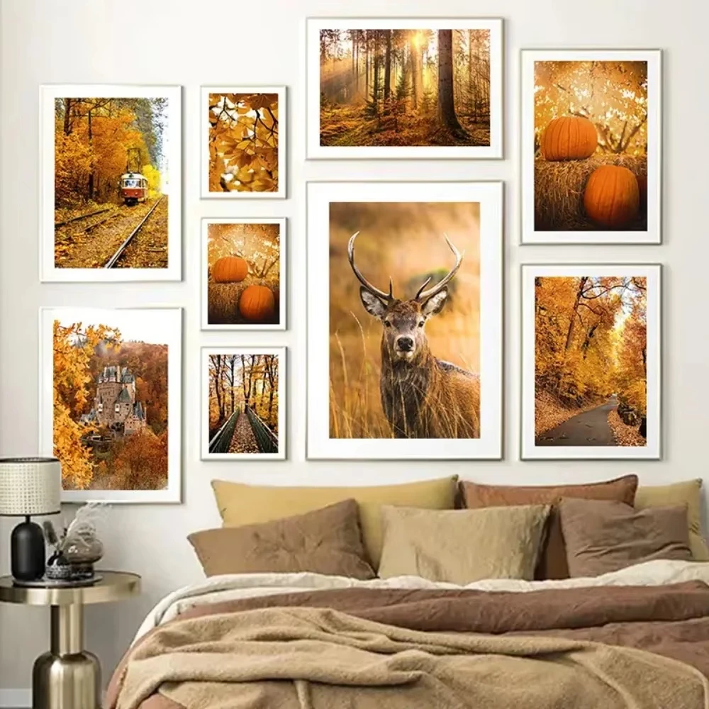 Autumn Forest Canvas Painting Deer Pumpkin Maple Leaf Road Wall Art Poster Print Pictures Living Room Home Aesthetics Decor Gift