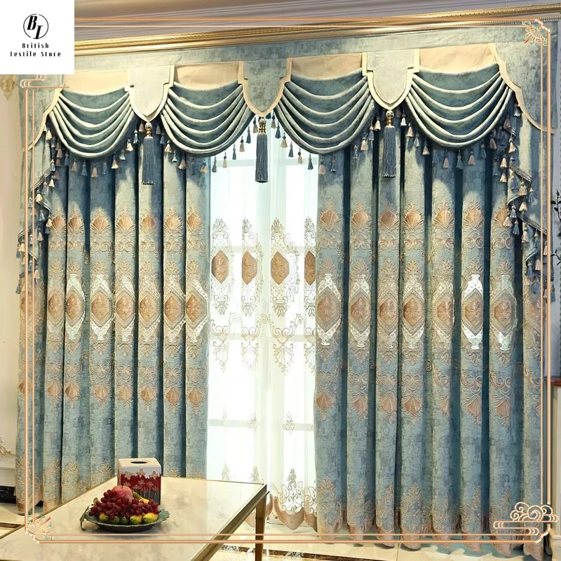 

European-style Luxury Curtains Living Room Bedroom Dining Room Balcony Custom Blackout Chenille Embroidered Brown Valance Tulle