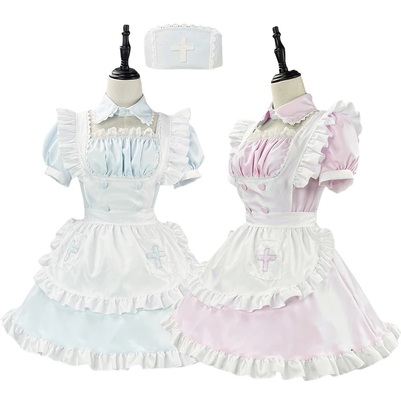 

S-5XL Blue/Pink Maid Outfit Nurse Hat Cap Cute Girls Performance Costume Women Apron Dress Cosplay Costume