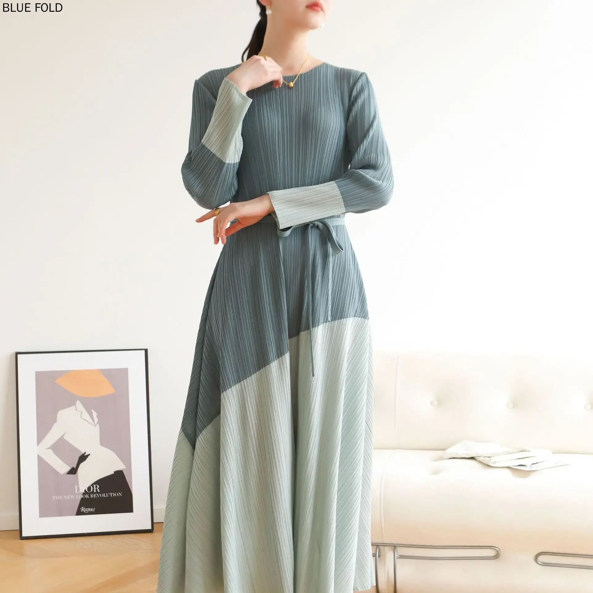 2025 Early Spring New Miyake High-end Pleated French Casual Style High-end Colorblock Lace-up Dress PLEATS Elegant Vestido