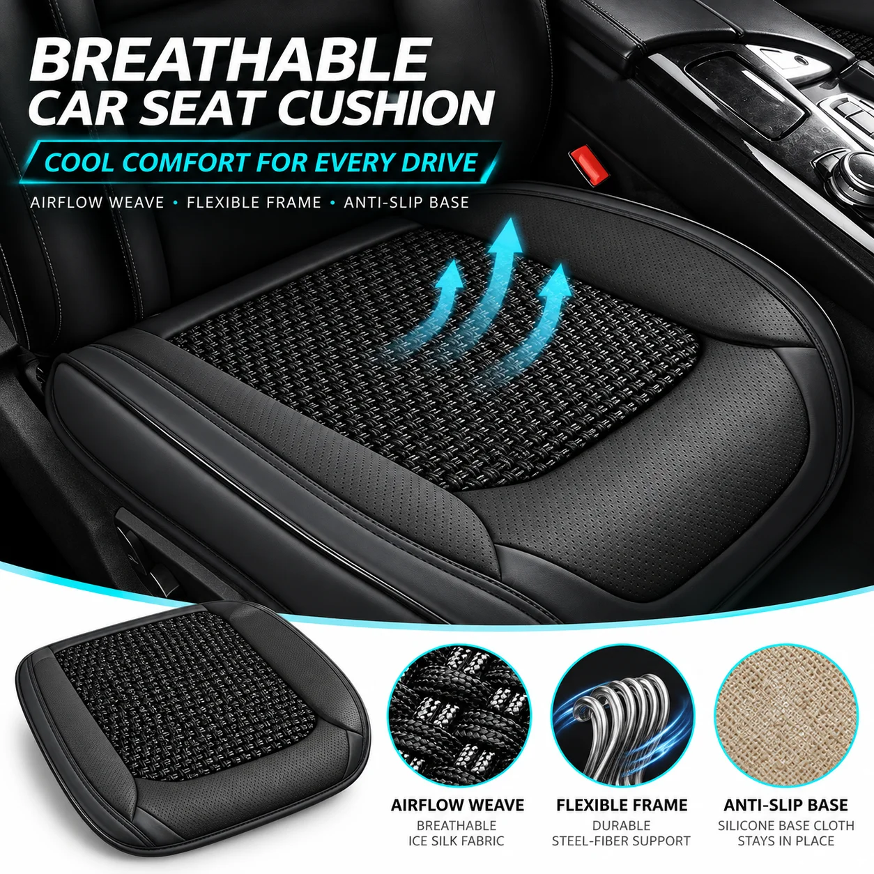 Breathable Car Seat Cushion by SEAMETAL, Ice Silk Cooling Full-Wrapped Front Seat Cover and Anti-Scratch Protector Universal