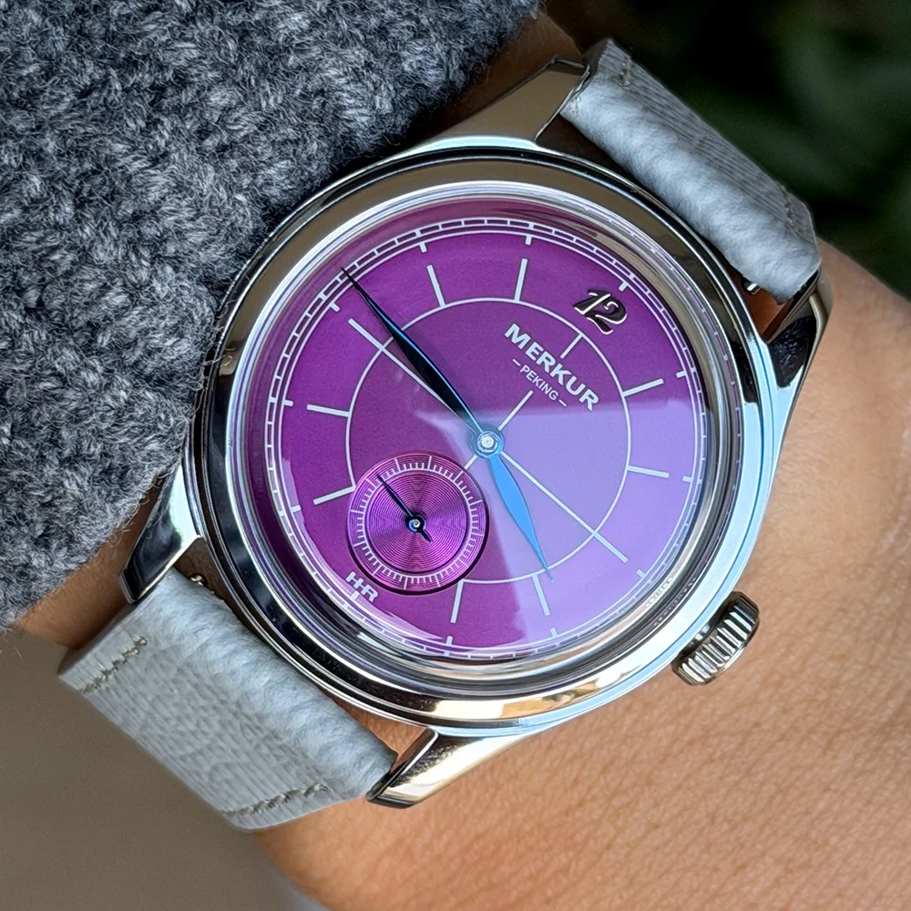 Nuevo Reloj MERKUR Cross Line Sector Dial Morado Retro Casual para Hombre, Serie Business, Reloj de Cuerda Manual, Reloj Resistente al Agua