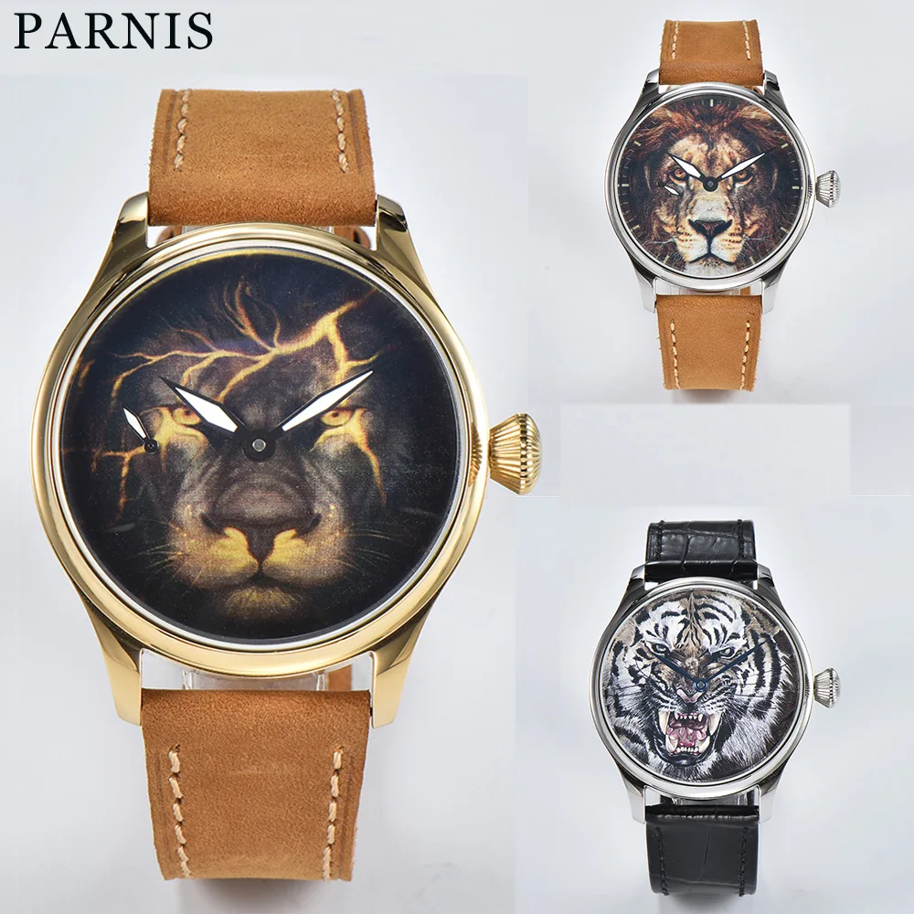 

Parnis 44mm Hand Winding Mens Classic Tiger Lion Drawing Dial Wrist Watch