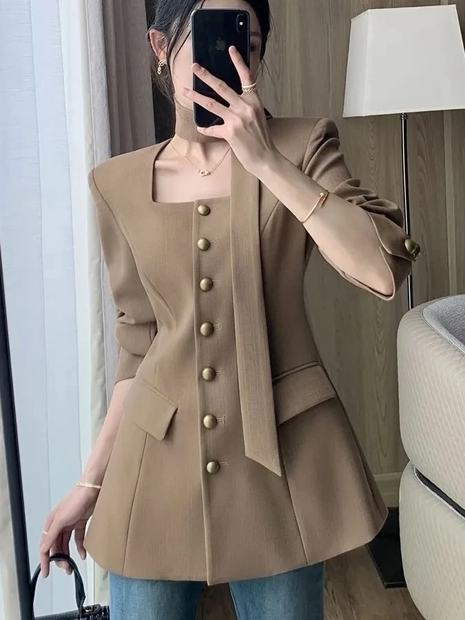 

Ele Women's Suit Jaet Waist-Cinching Square Collar Long Sve Busin Casual Faion Spring Autumn New Arrival