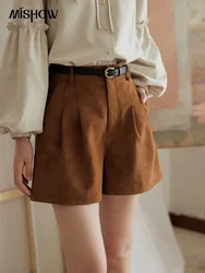 MISHOW Suede Shorts for Women Autumn 2024 High Waist A-line Slim Wide Leg Short Pants Solid Pleats Pants Side Pockets MXD44K0753