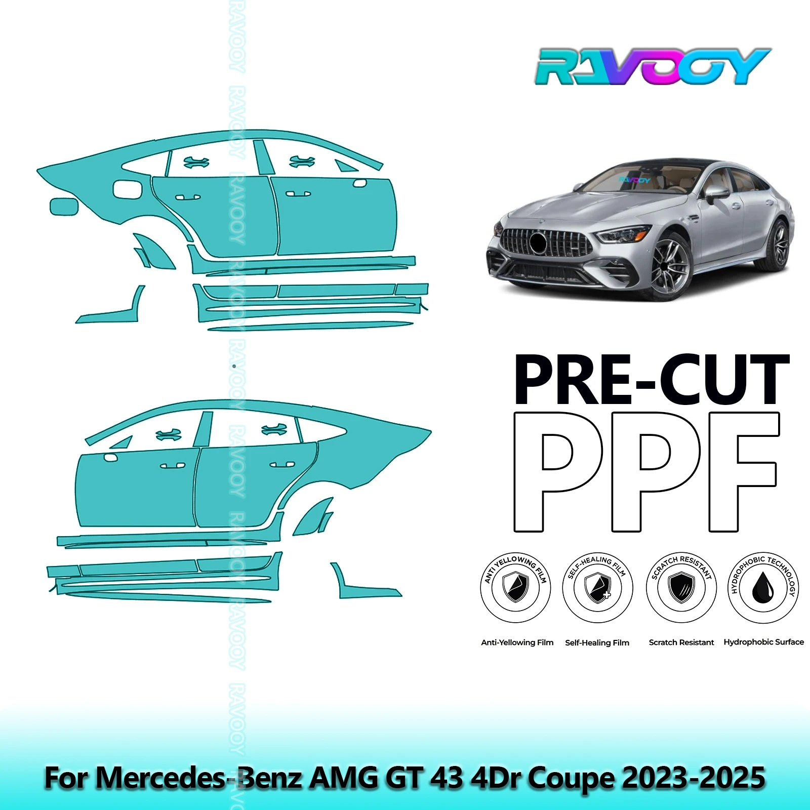 

For Mercedes-Benz AMG GT 43 4Dr Coupe 2023-2025 8.5mil Pre-Cut PPF Door & A/B Pillar Kit TPU Paint Protection Film Set