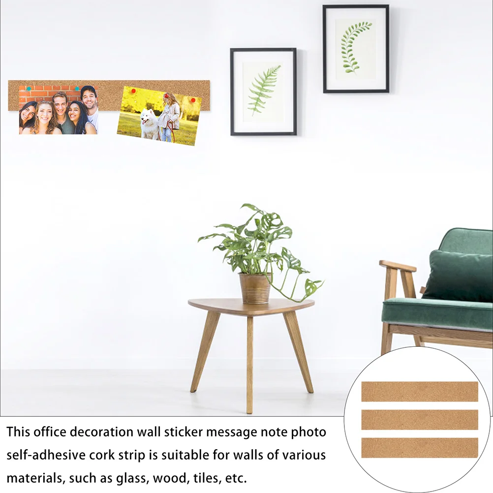 3 Pcs Adhesive Cork Strips Photo Wall Office Supplies Thick Boards Note Memo Message Bulletin Natural Frameless