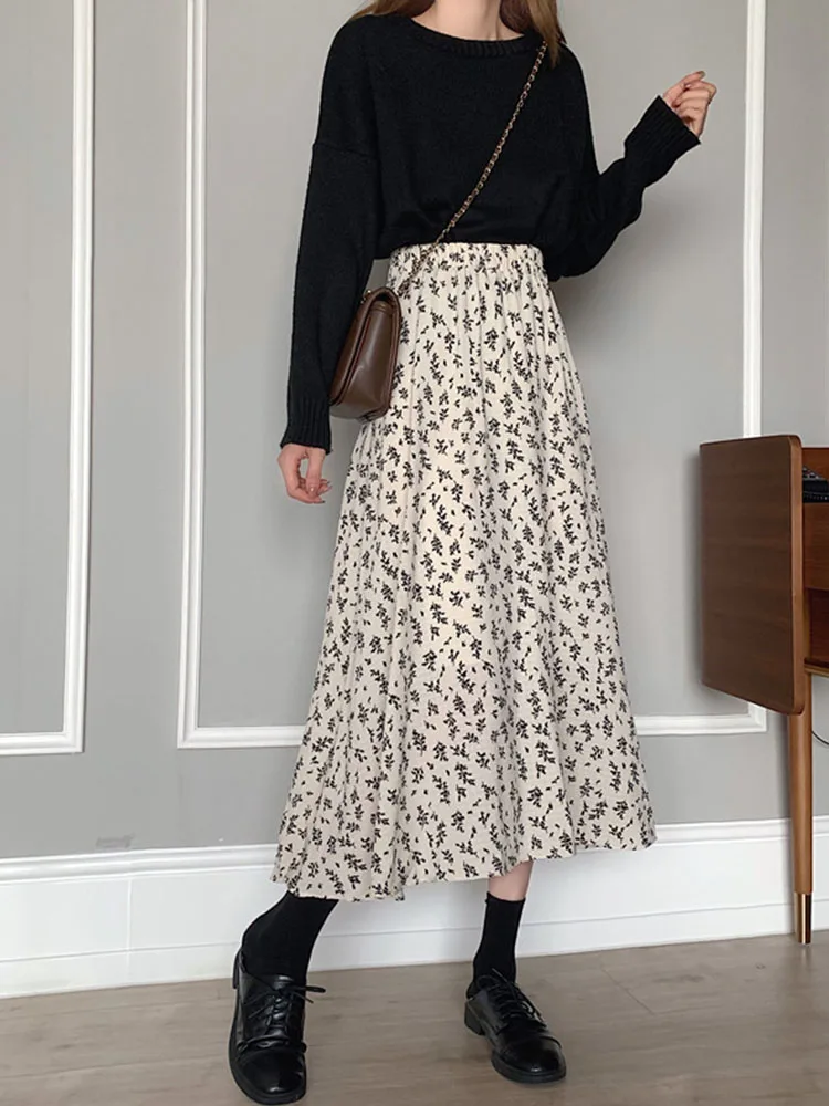 Vintage Floral Print A-line Pleated Long Skirts Summer Women 2022 Korean Skirt Streetwear Drawstring Elastic Waist Midi Skirt