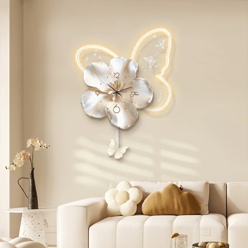 Cream Style Living Room Decoration with LED Light Wall Clock New Home Decor Creative Swinging Clock