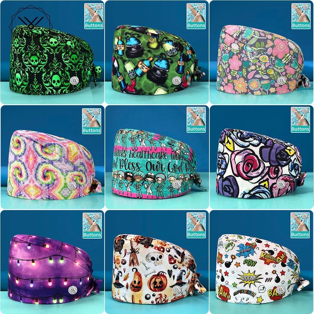 Multicolor Breathable Operating Room Nurse Cap Adjustable Printing Female Dental Surgery Cap Surgeon Cap Scrub Cap New Unisex