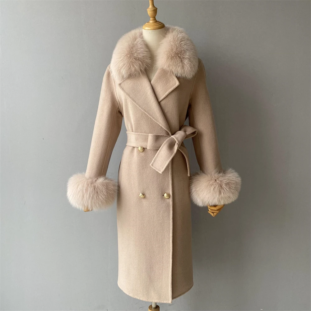 Jxwatcher abrigo de lana de Cachemira primavera Real Cuello de piel de zorro gabardina de lana abrigo de invierno para mujer Venta caliente abrigos de lana de estilo largo