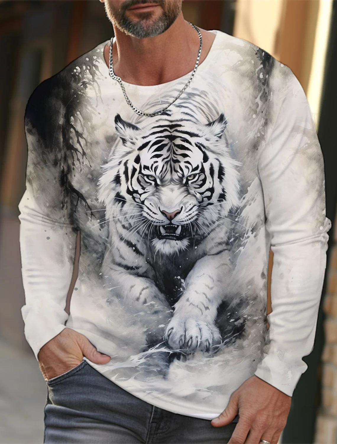 2024 New Tiger Print Pullover Autumn Winter Men\'s Casual Long Sleeve Round Neck Sweatshirt Streetwear Harajuku Men\'s Wear