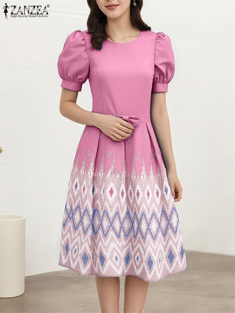 ZANZEA Donne Eleganti Abiti A-Line Manica Corta a Soffio Bohemian Stampato Vestito Estivo 2025 Estate Arco a Vita Alta Festa Vestido