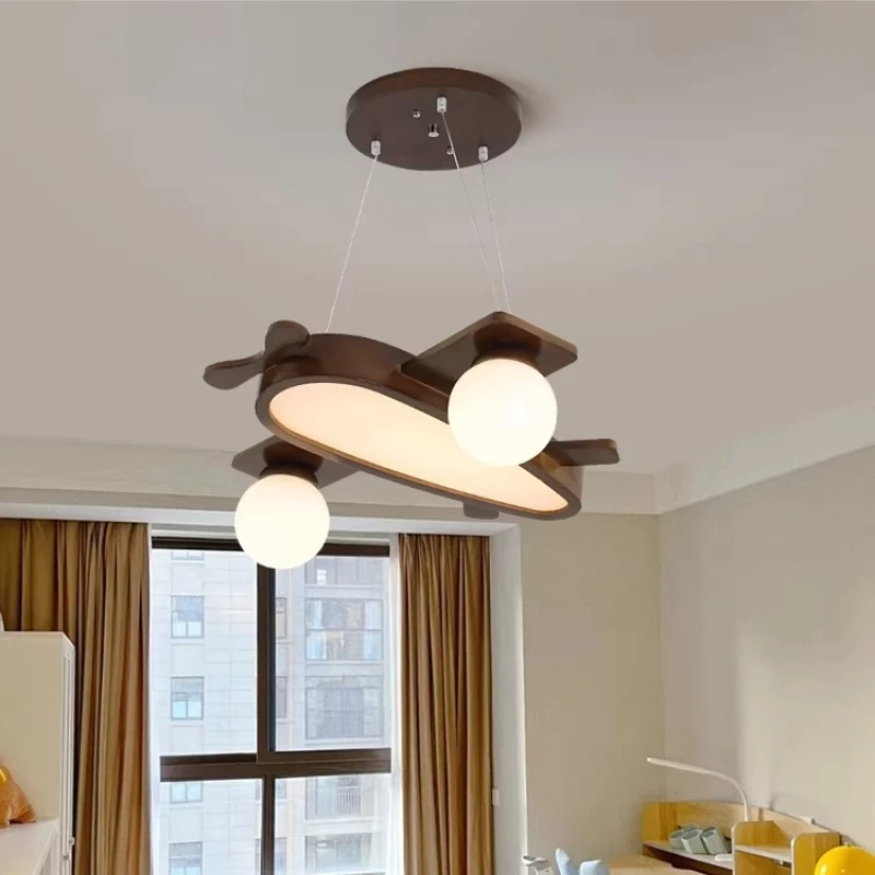

Solid Wood Cartoon Airplane Ceiling Lights Nordic Children's Room Lamps Bedroom Study Restaurant Walnut Color LED Hanging Lamp