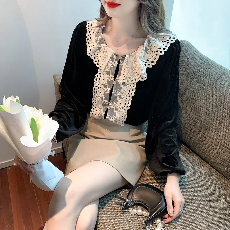 

Spring Autumn Sweet Ladies Women Lace Patchwork Ruffles Black Velvet Top Shirt , Woman Fall Clothes Slim Vintage Tops Shirts