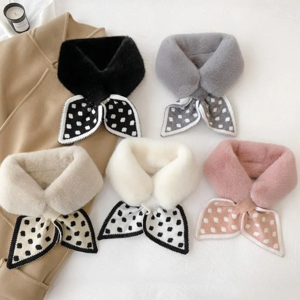 Winter New Knitted Polka Dot Spliced Plush Scarf For Female Student Versatile Imitation Rabbit Fur Collar Warm Comfortable Scarf