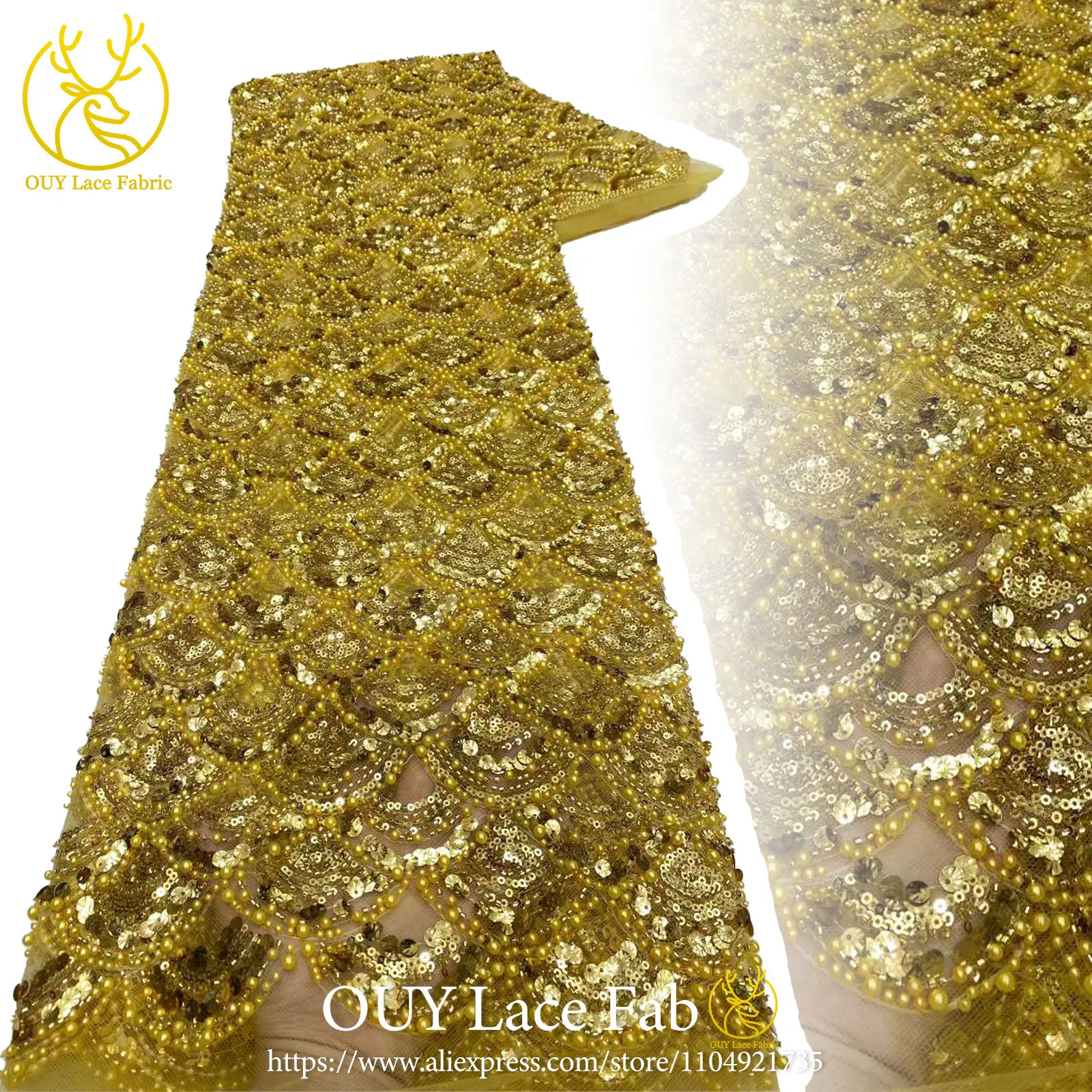 

African Gold Beaded Lace Fabric 2026 High-Quality French Nigerian Sequins Embroidered Mesh Lace Fabric Wedding Party Dress