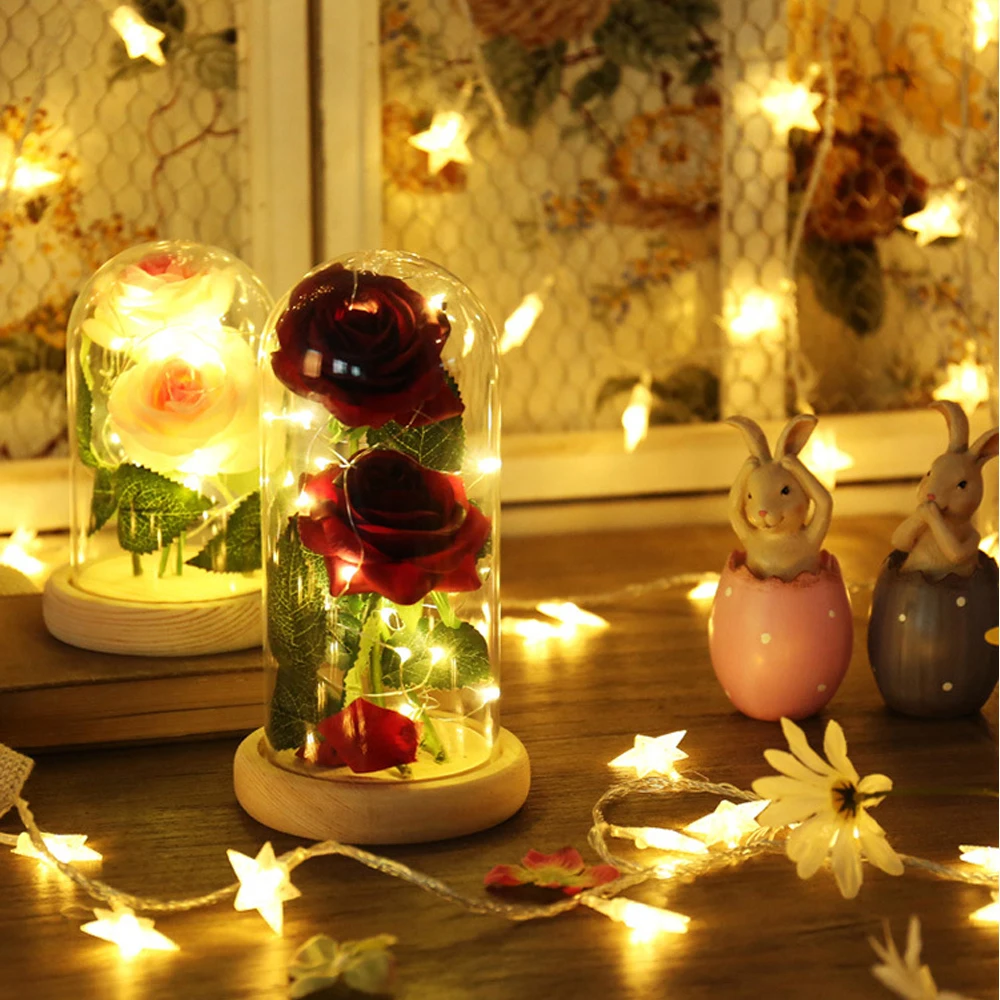 

Mothers Day Gifts Wedding Ornaments 2PCS Roses 20-LED Light Glass Lampshade Artificial Flower For Mom Women Girls DIY Home Decor