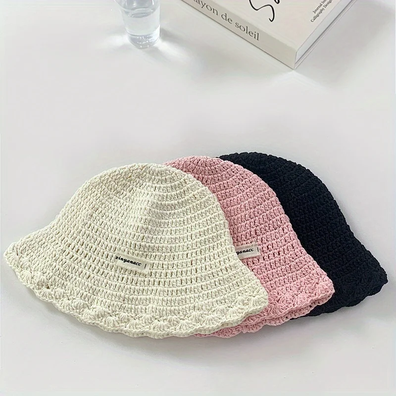 

Vintage Solid Color Fisherman Cap with Letter Label Openwork Knit Design Breathable Unisex Bucket Hat for Daily Use