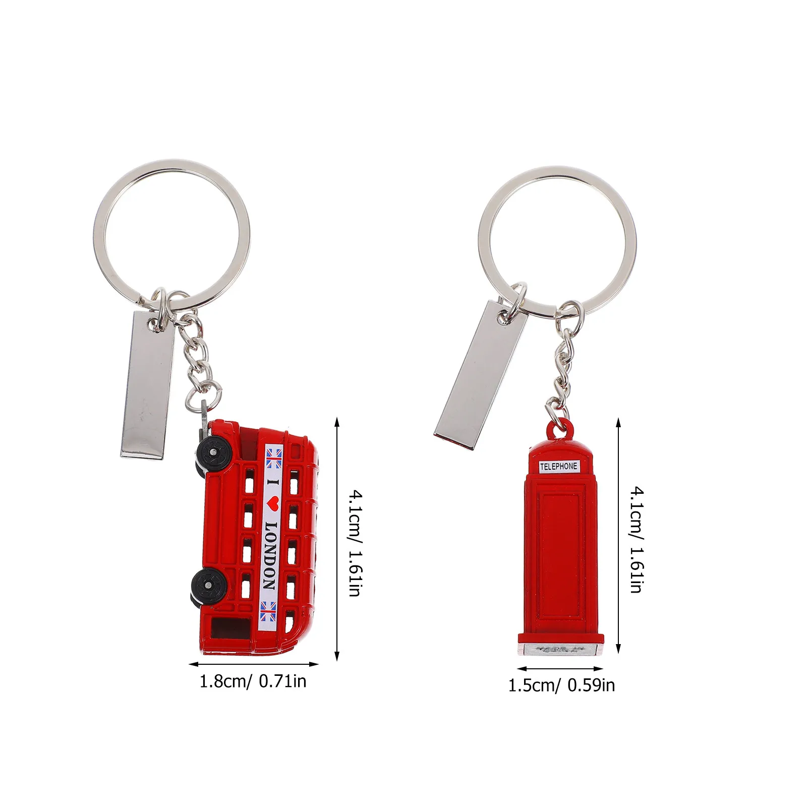 2Pcs British Keychain Set London Red Telephone Booth Bus 3D Pendant Travel Keepsake Decorative Key