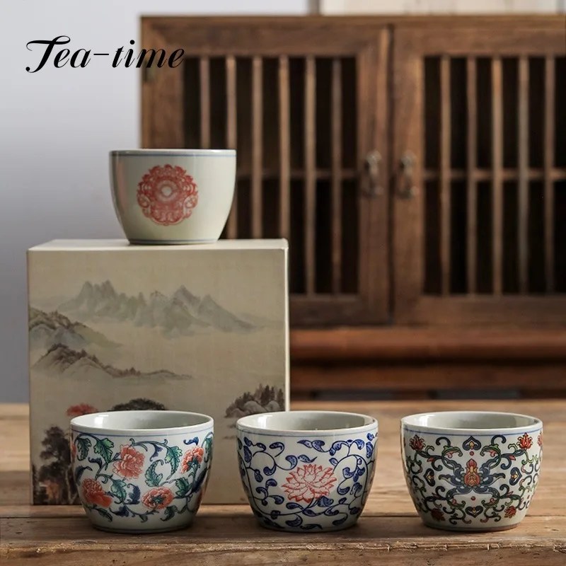 Retro and Elegant Blue and White Glazed Black Tea Cup Single Cup Twined Lotus Magnolia Cup Tea Cup Tea Cup Master Cup Gift Box