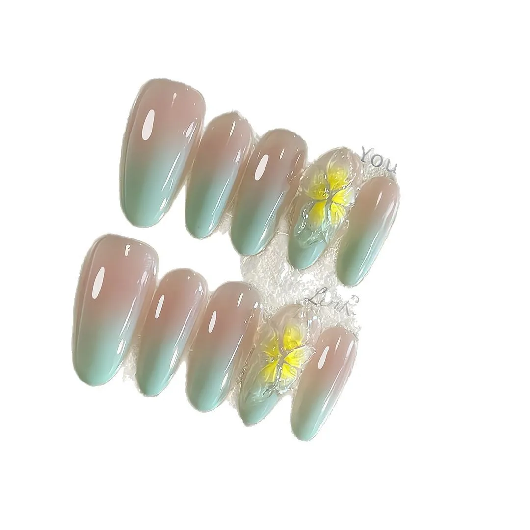 10 Uds. De uñas postizas hechas a mano, Frangipani de menta, verde claro, gradiente desnudo, puntas de uñas talladas a mano, uñas postizas desmontables y usables