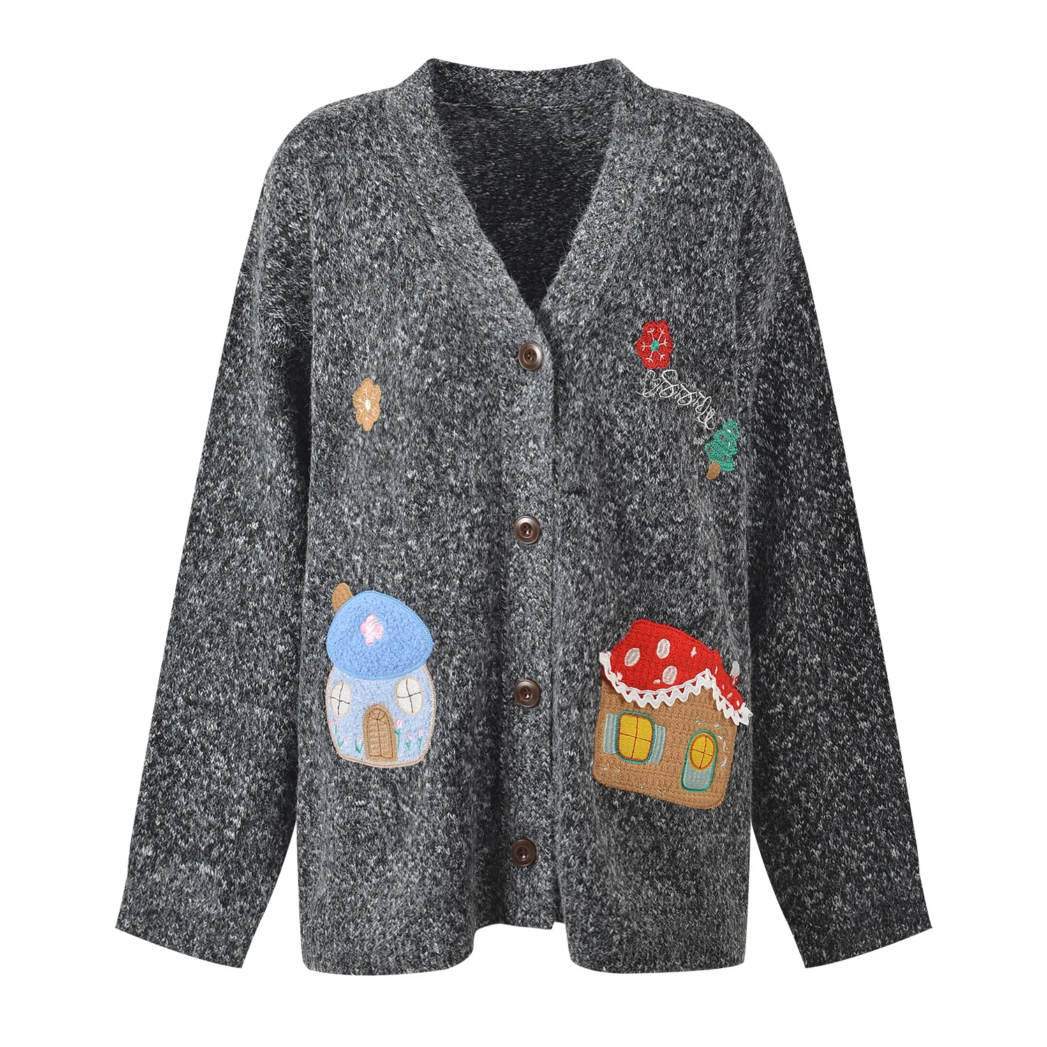 Cute Cottage Embroidered Cardigan Women’s Fall Winter Knit Sweater Vintage Loose Button Down Knitwear Outerwear