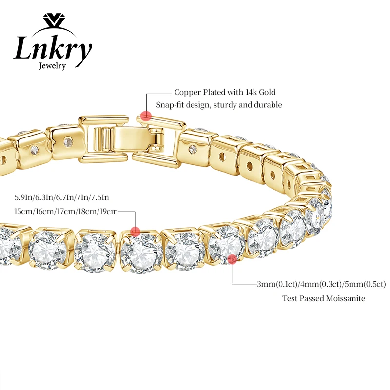 Lnkry Full Moissanite Tennis Bracelet For Women Test Passed 3mm/4mm/5mm Lab Created Diamond Bracelets Sparkling Hand Jewelry