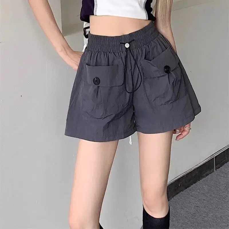 

Design Sense Double Pocket Shorts Women'S Solid Spliced Button Pocket Drawstring Loose Casual High-Waist Wide Leg Trousers