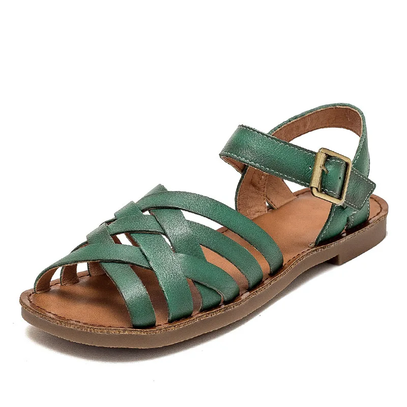 DRKANOL 2024 Summer Shoes Women Flat Sandals Handmade Genuine Leather Peep Toe Metal Buckle Low Heel Casual Roman Sandals Green