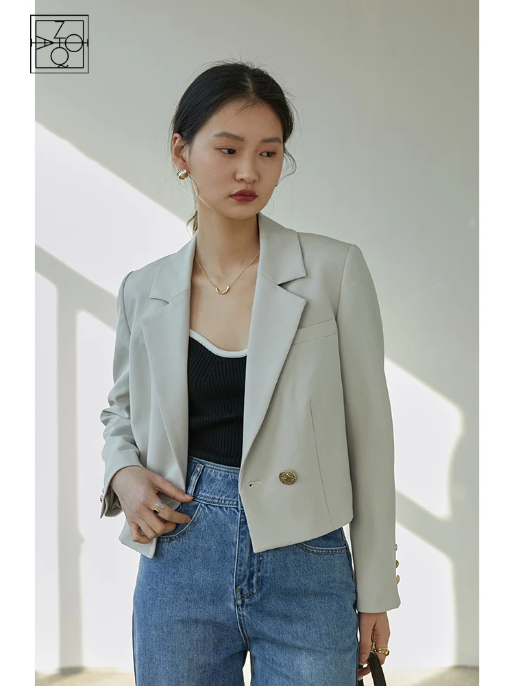 ZIQIAO Autumn Suit Collar Full Regular Sleeve Short Blazers Loose Office Lady Detachable Brooch Double Breasted Spring Jackets