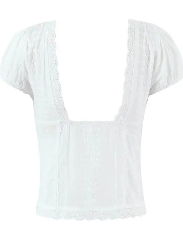 Sexy Embroidered V-ne T-irt with Bowtie Lace Trim Street Sle ort Sve Summer White Top Trendy Casual Wear